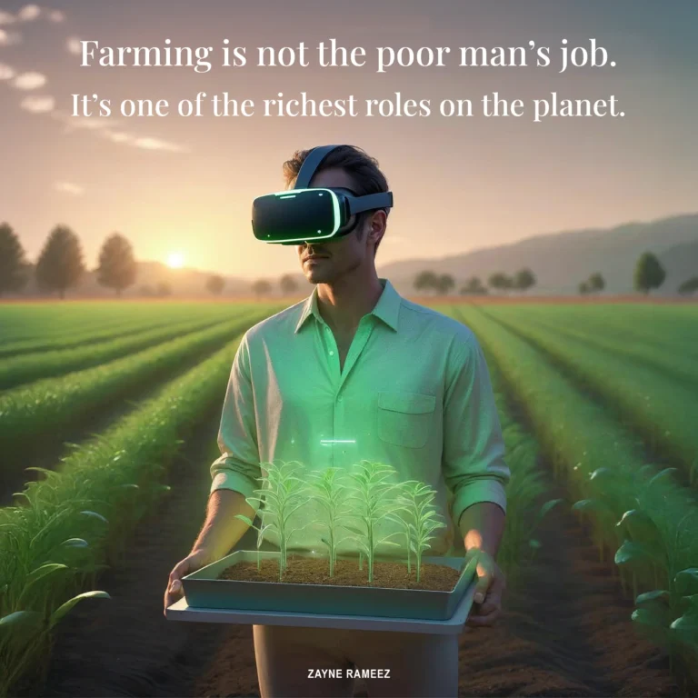 A man wearing a VR headset stands in a lush farm field at sunrise, holding a digital tray of glowing holographic crops.