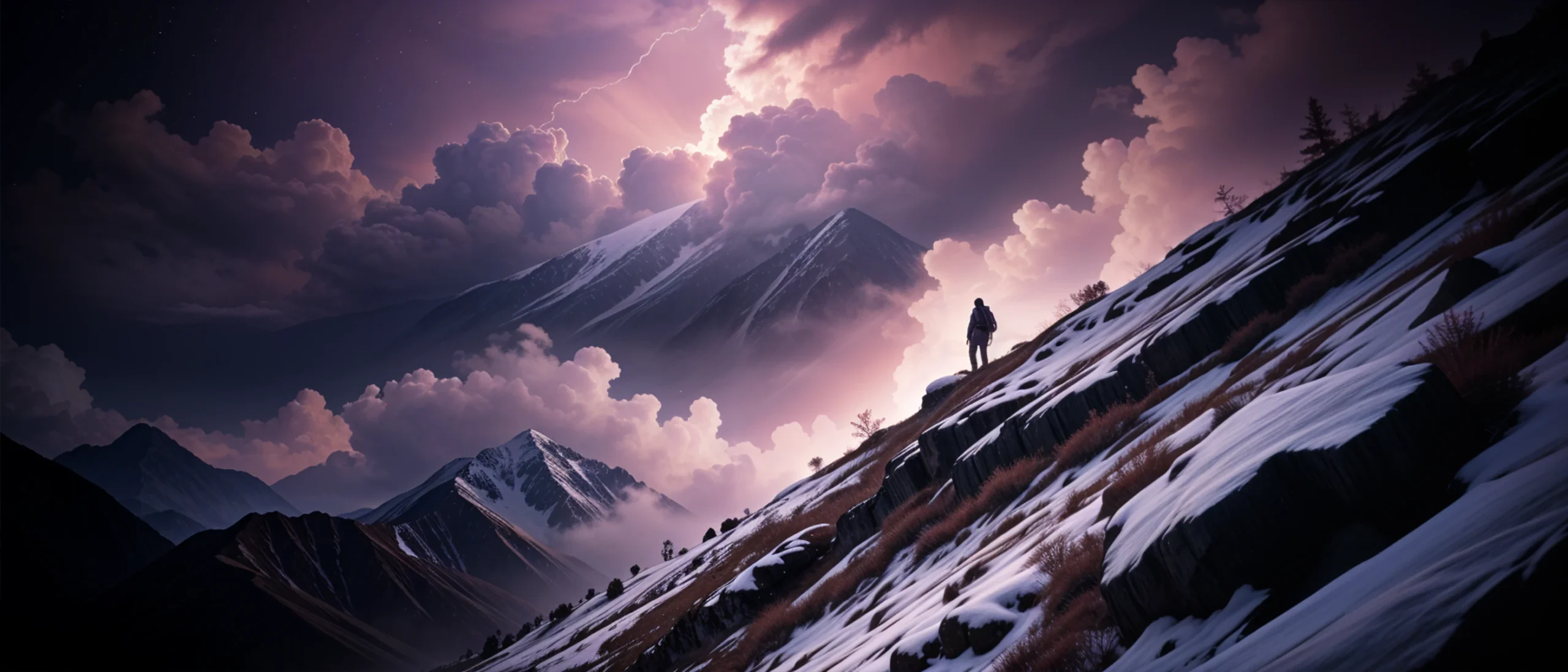 A lone figure climbs a steep, snowy mountain under a dramatic magenta sky, pushing forward through storm and silence.