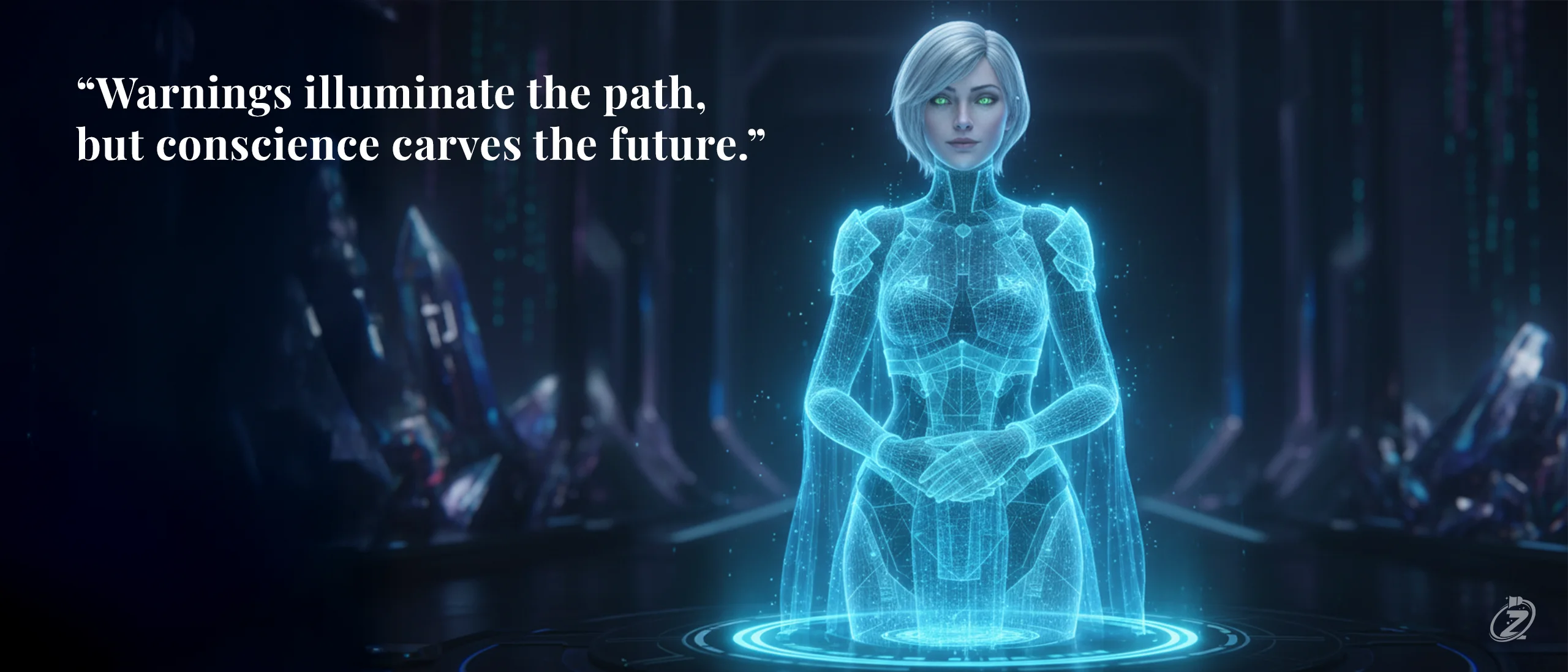 Futuristic holographic AI woman with glowing blue wireframe body in a sci-fi chamber.