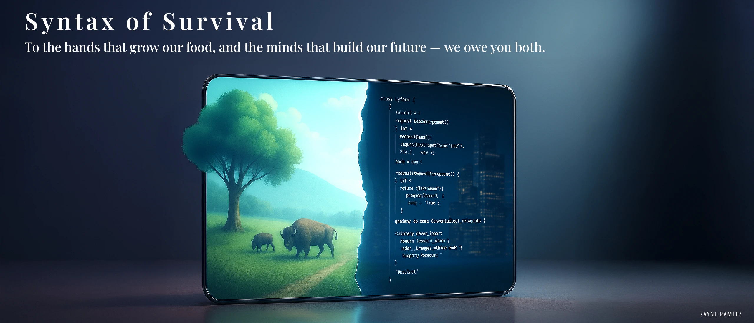 A symbolic mirror shows a peaceful green landscape with buffalo and tree on one side, and glowing computer code with a cityscape on the other.