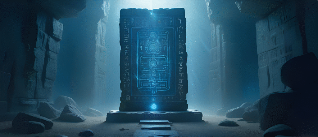 an ancient stone tablet or monolith standing upright in a sacred cave or forgotten temple