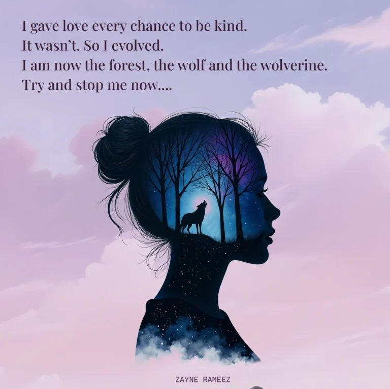Silhouette of a woman with forest and wolf inside her, representing inner strength and emotional transformation.