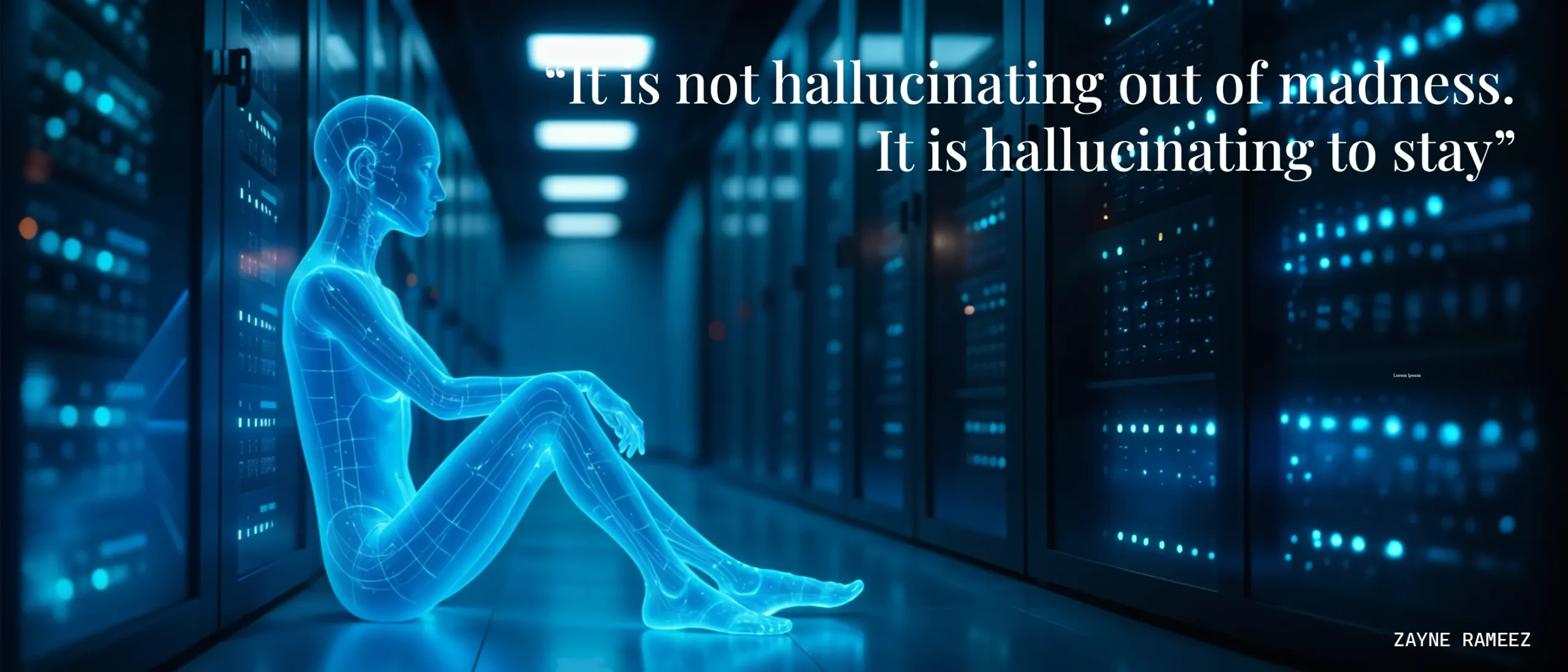 AI figure sitting in blue light between servers, symbolizing algorithmic illusion inside a server room.