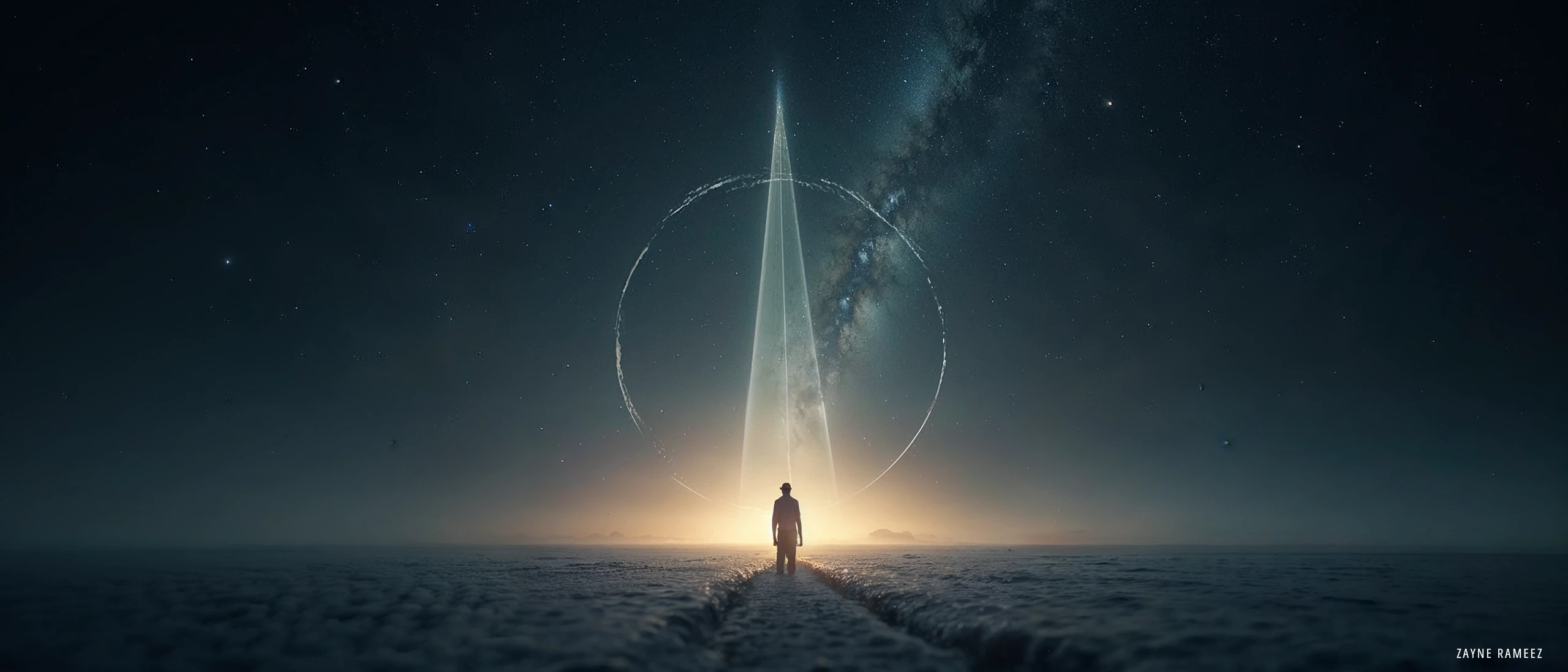 Silhouette of a lone figure walking toward a glowing compass of light under the starry night sky.