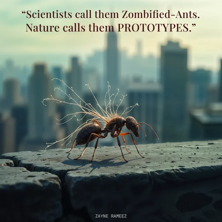 Zombie ant infected by Ophiocordyceps fungus, symbolic of nature’s unsettling intelligence and evolution.