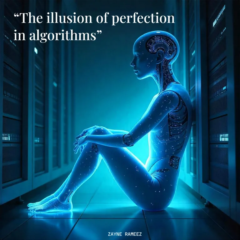 AI figure sitting in blue light between servers, symbolizing algorithmic illusion.