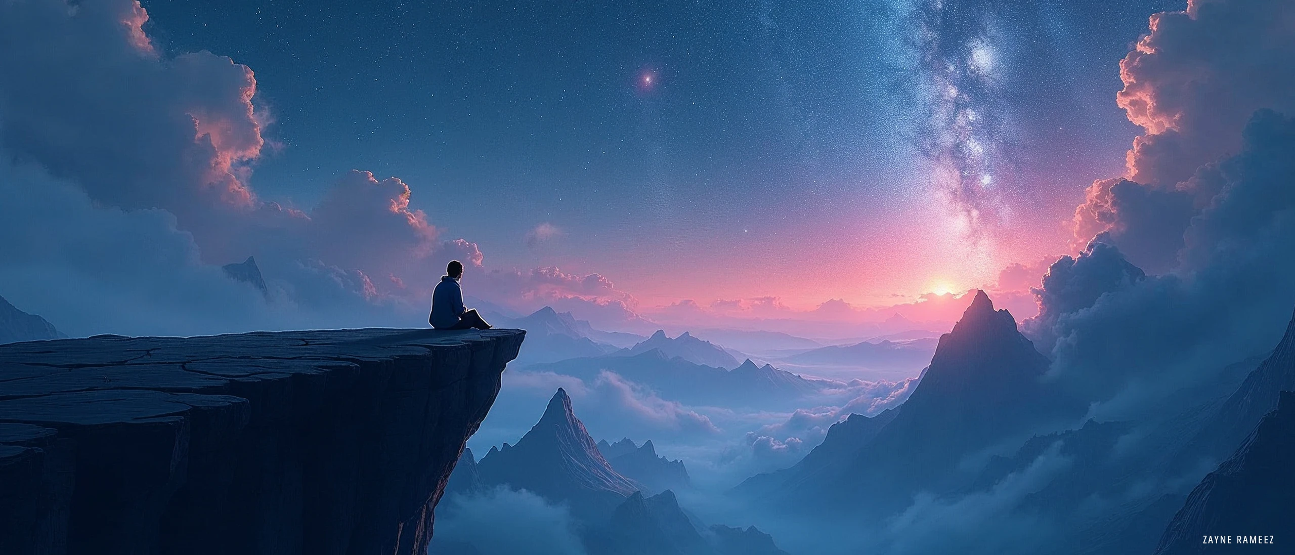 Lone figure sitting on a mountain cliff at sunset, gazing at a vast night sky filled with stars and galaxies.