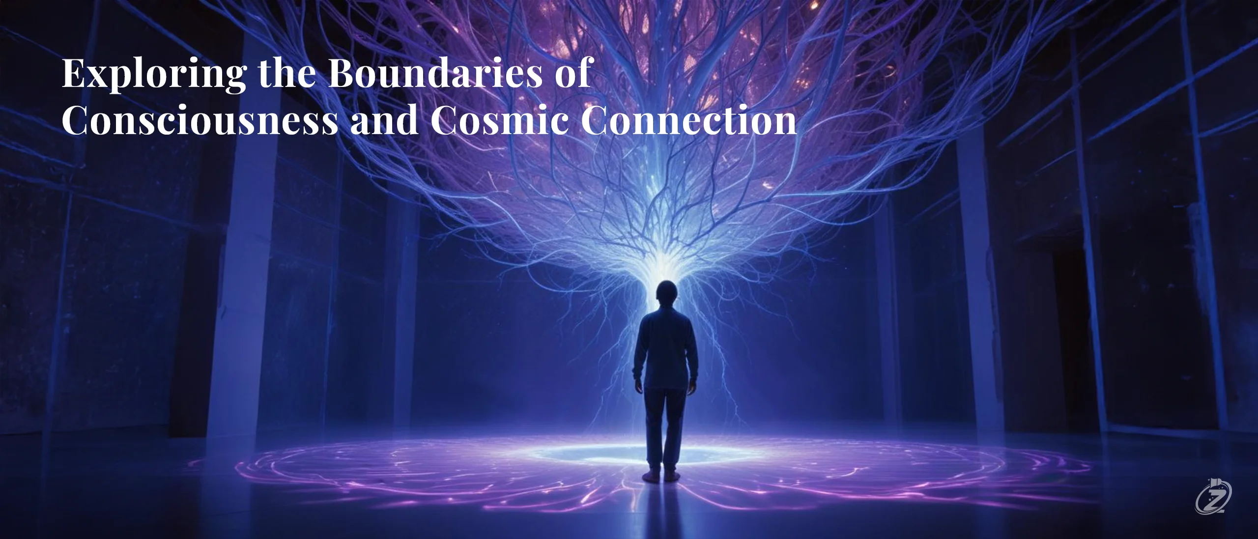  A lone figure gazes at a towering structure of light signalling outwards into the cosmos, symbolizing the bridge between mind and universe.