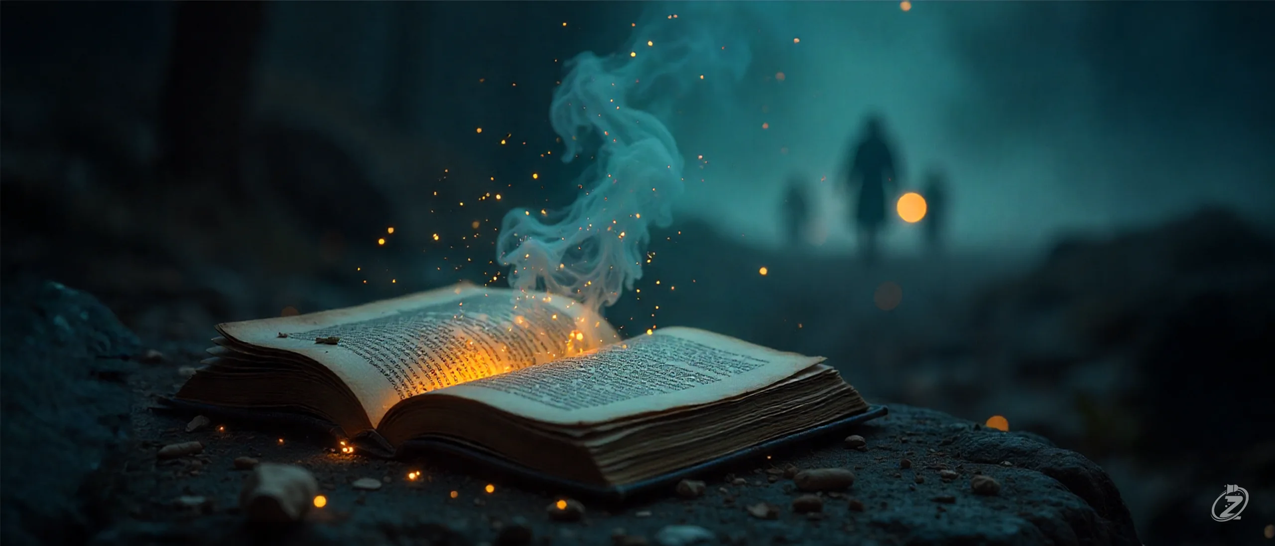 Ancient glowing book in a dark misty forest, sparks and smoke rising as a lone figure approaches in the background.