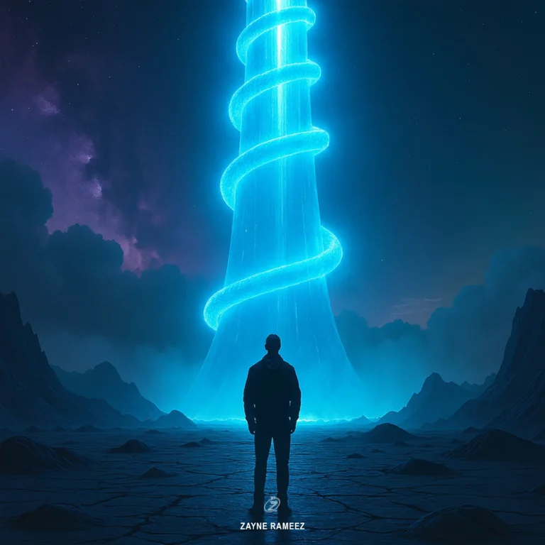 A lone figure stands on cracked alien ground, gazing at a towering blue energy spiral rising into the starry night sky.