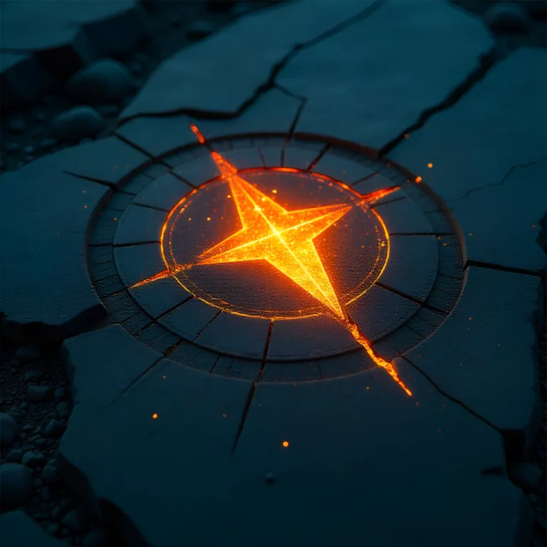Glowing orange star-shaped sigil carved into cracked stone, radiating light and embers in the dark.