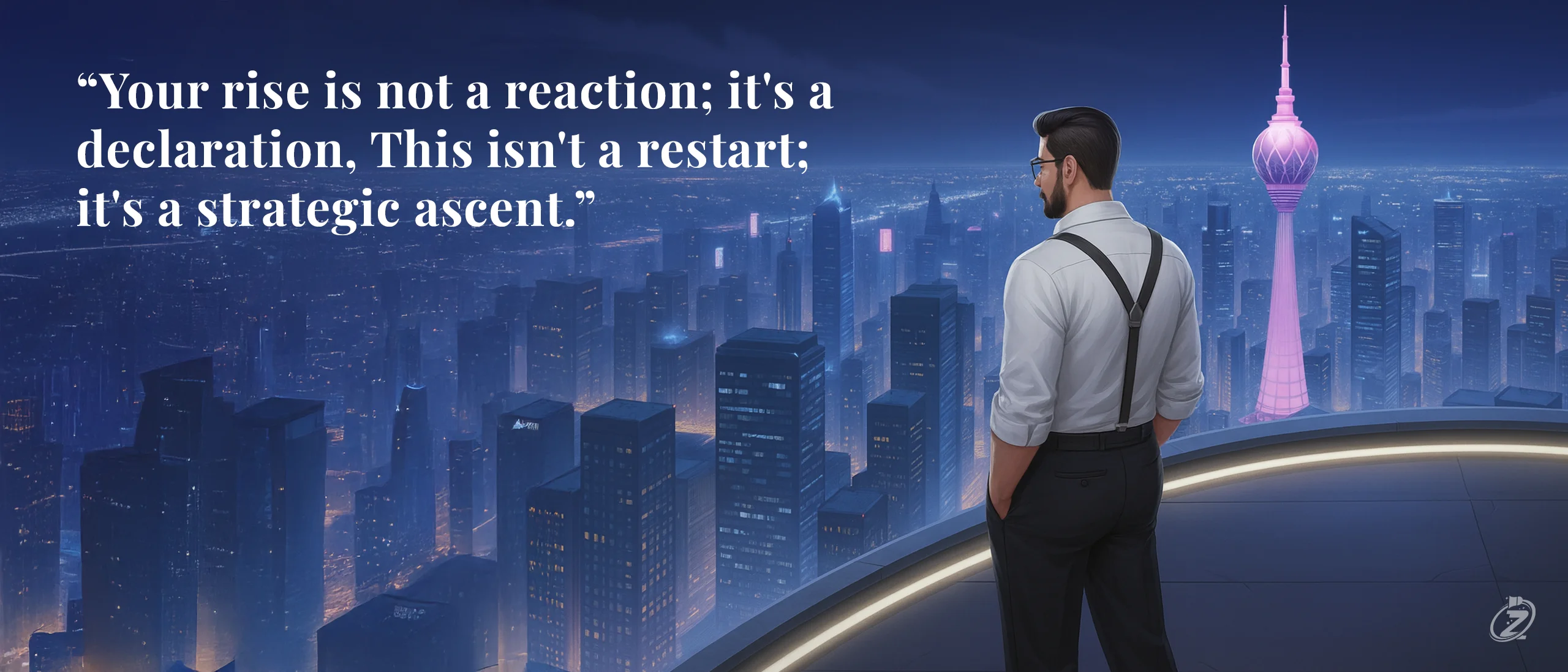  A man in a white shirt and suspenders stands on a rooftop at night, overlooking a futuristic city skyline with Sri Lanka’s illuminated Lotus Tower glowing in the distance.